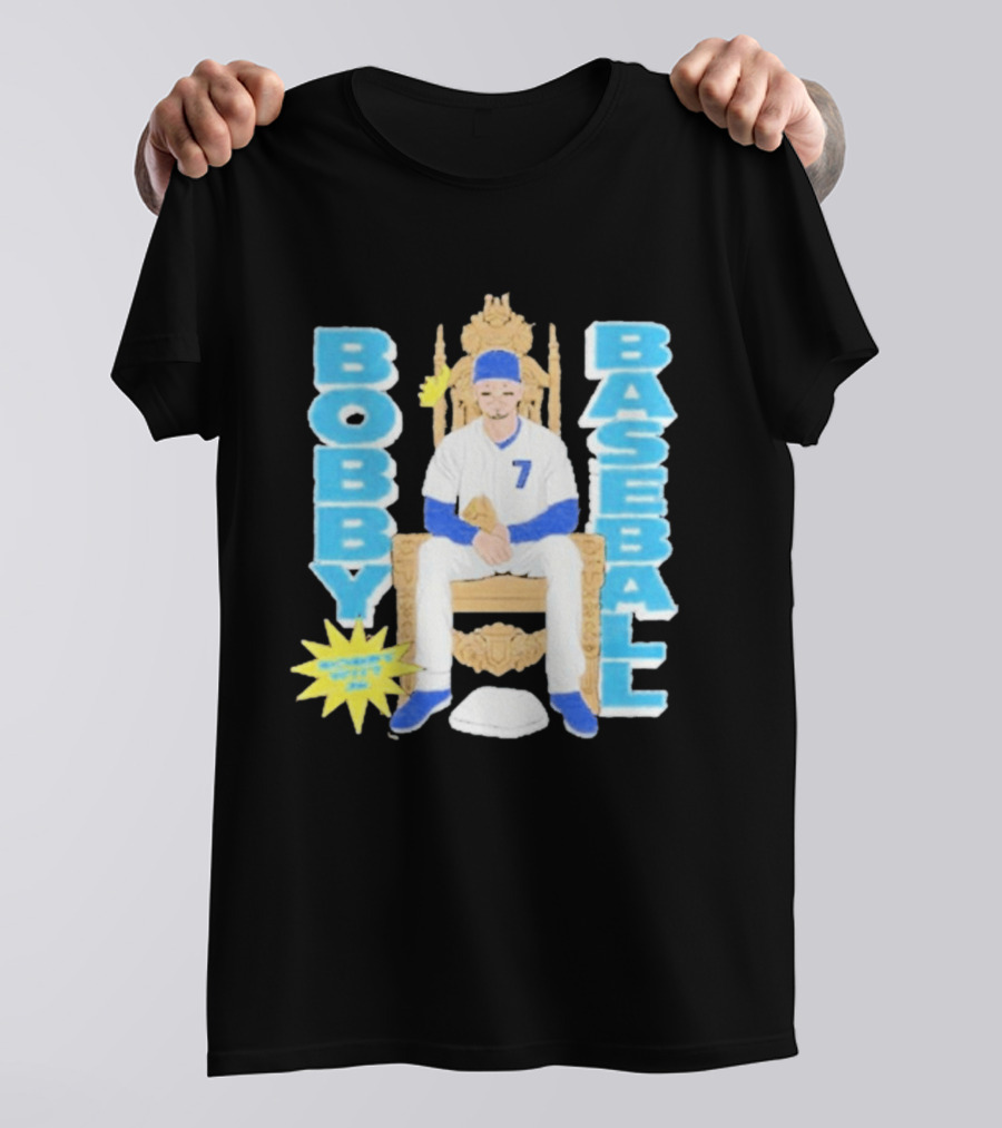 Bobby Baseball Throne Number 7 Blue Cap Batting Glove T-Shirt