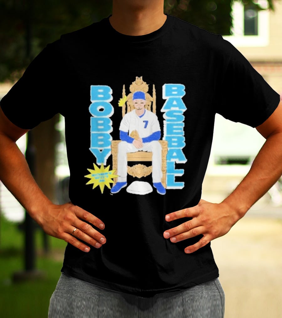 Bobby Baseball Throne Number 7 Blue Cap Batting Glove T-Shirt