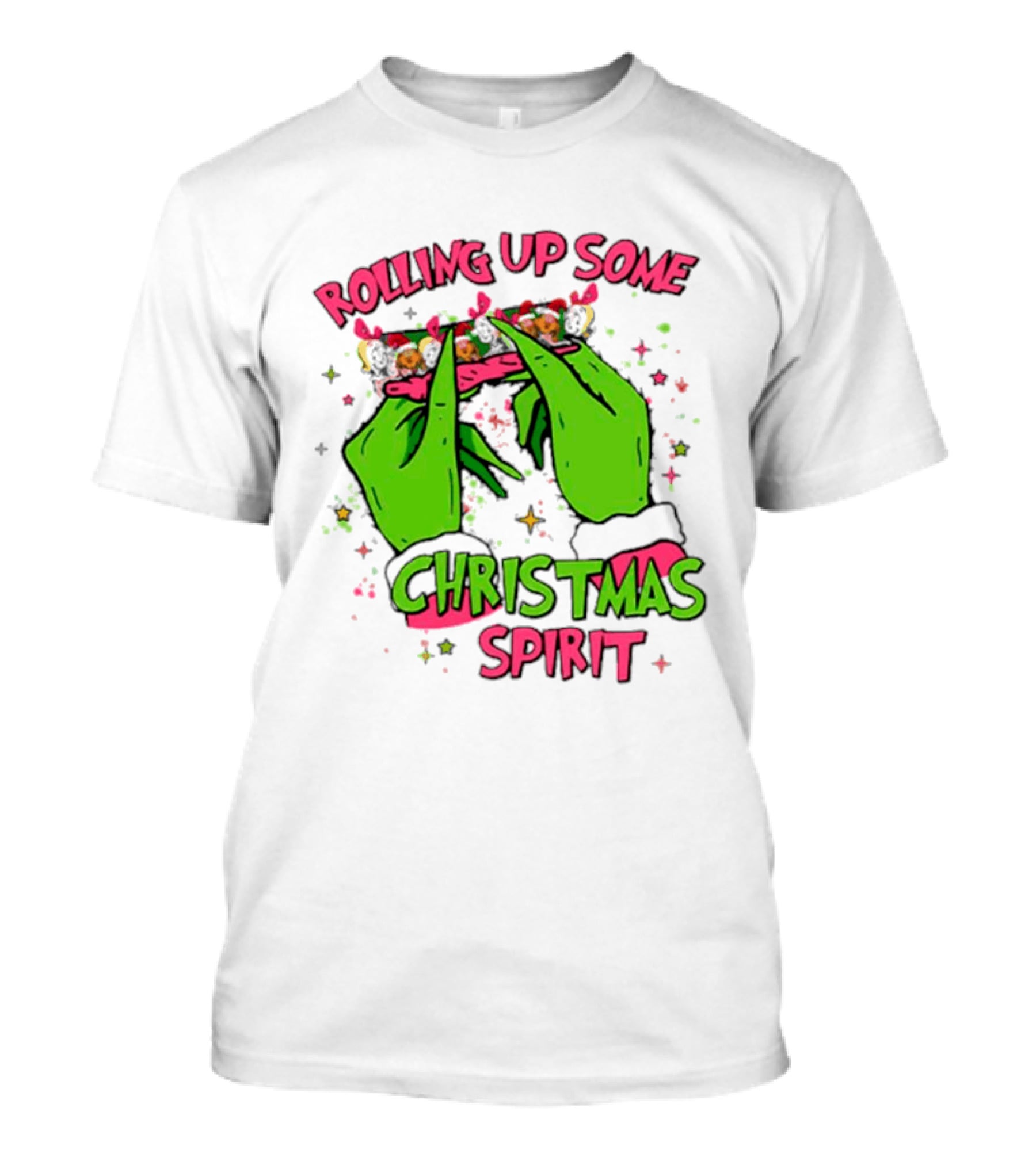 Grinch Rolling Up Some Christmas Spirit With Green Hands And Glitter Stars T-Shirt