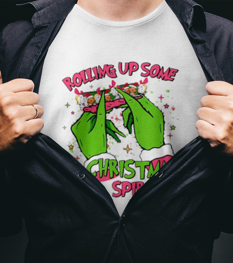 Grinch Rolling Up Some Christmas Spirit With Green Hands And Glitter Stars T-Shirt