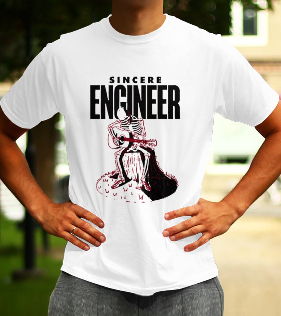 Sincere Engineer Skeleton Playing Guitar On Tree Stump T-Shirt