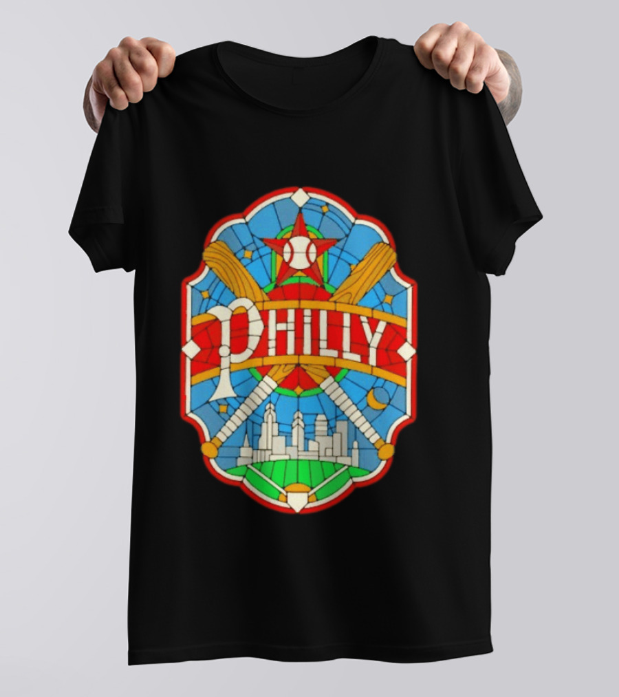 Philadelphia Phillies Stained Glass Philly Skyline Baseball Star Bats T-Shirt