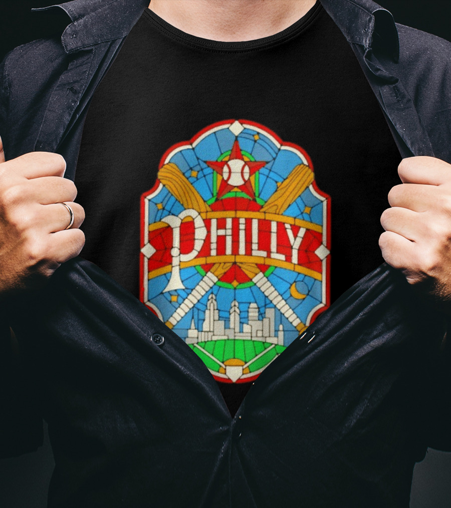 Philadelphia Phillies Stained Glass Philly Skyline Baseball Star Bats T-Shirt