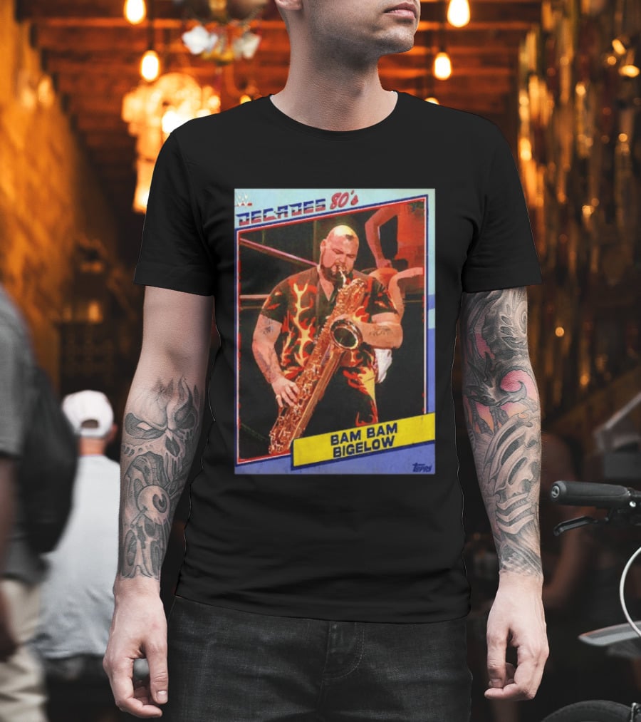 WWE Decades 80's Bam Bam Bigelow Topps Trading Card Saxophone Flame T-Shirt