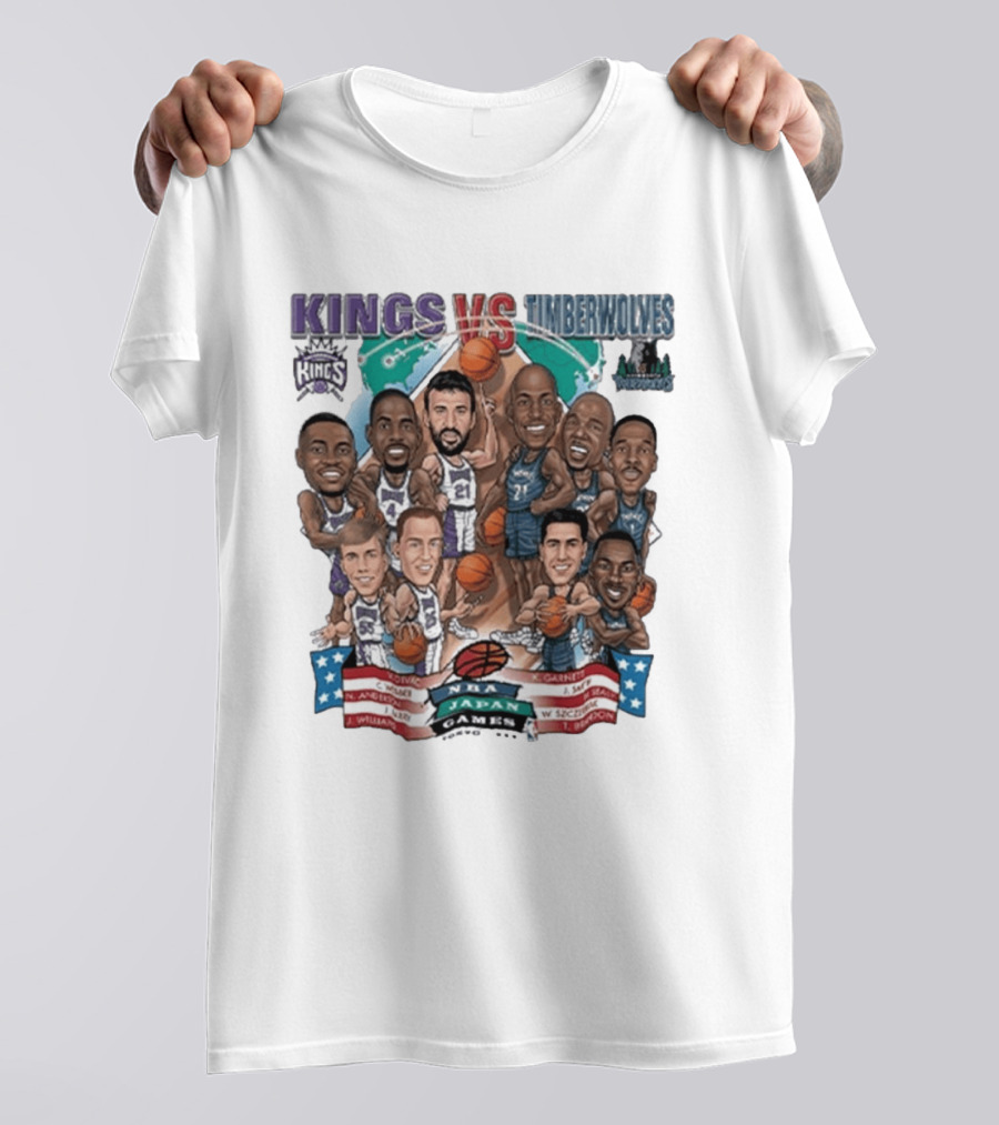 Kings Vs Timberwolves NBA Japan Games Tokyo 1999 Player Caricatures Basketball Showdown T-Shirt