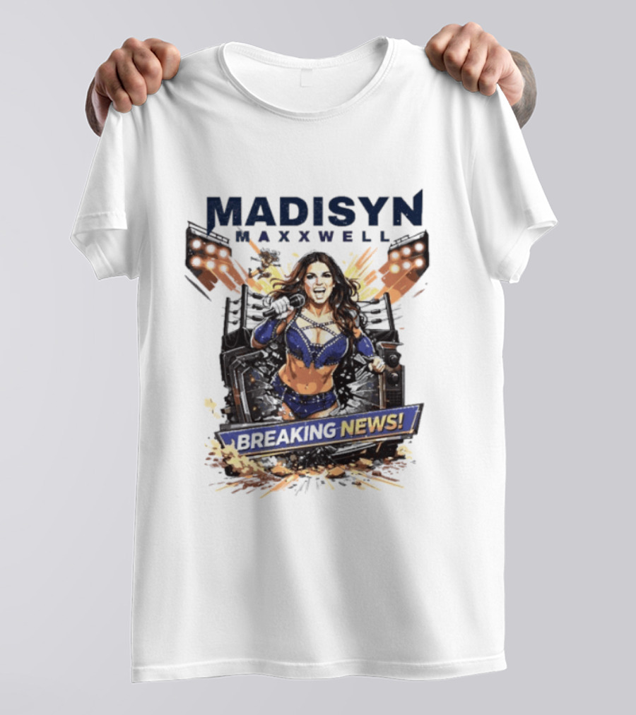 Madisyn Maxxwell Breaking News Dynamic Character Artwork Explosion T-Shirt