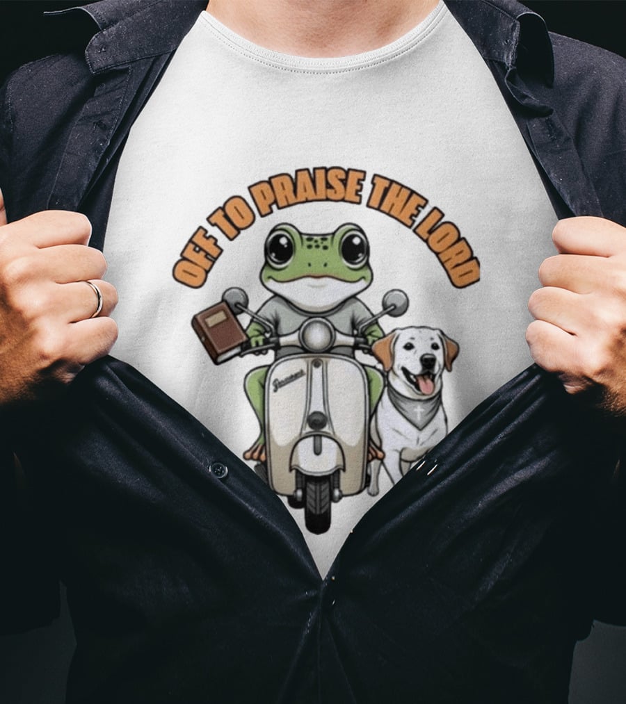 Off To Praise The Lord Frog Riding Scooter Labrador T-Shirt