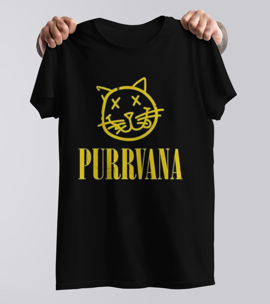 Purrvana Cat Face Yellow Grunge Style Kitty T-Shirt