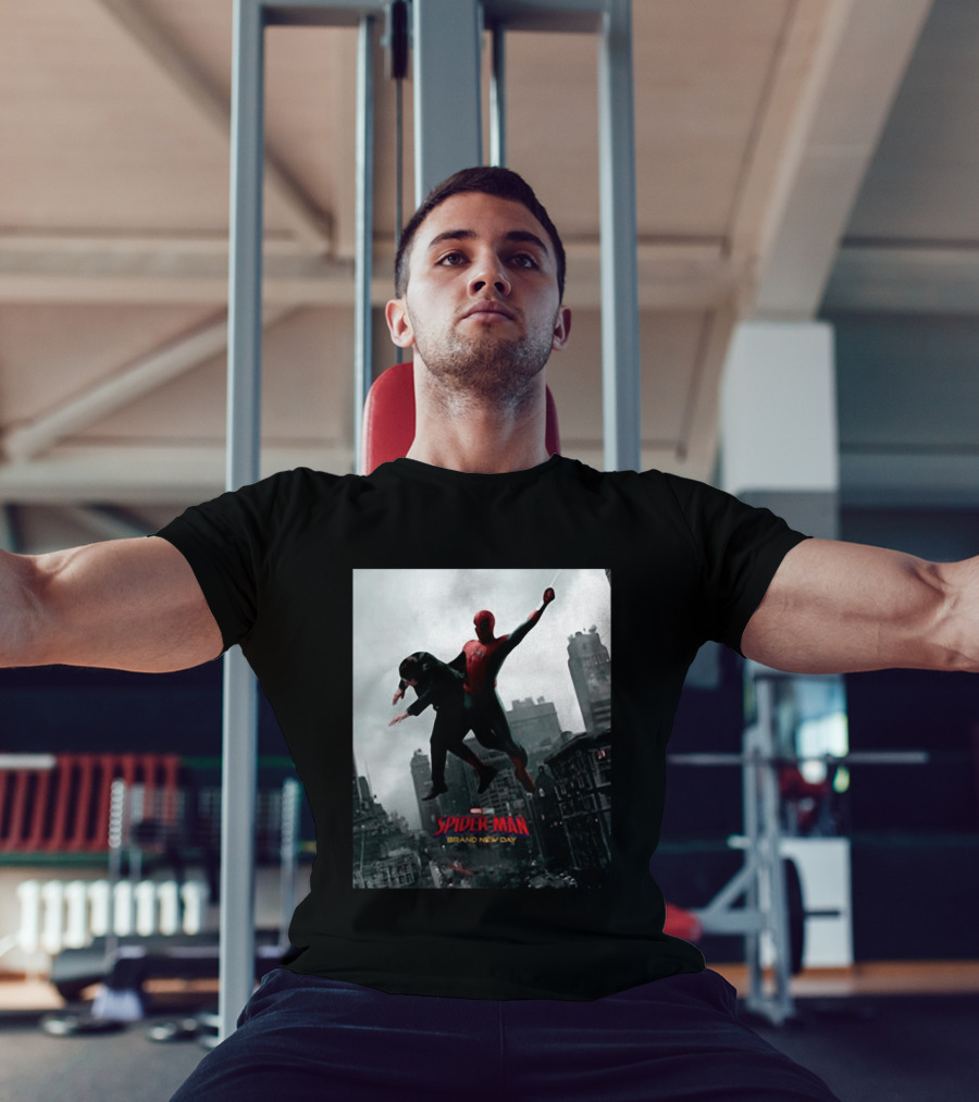 Spider Man Brand New Day Marvel Comic Scene Flying Over City Skyline T-Shirt