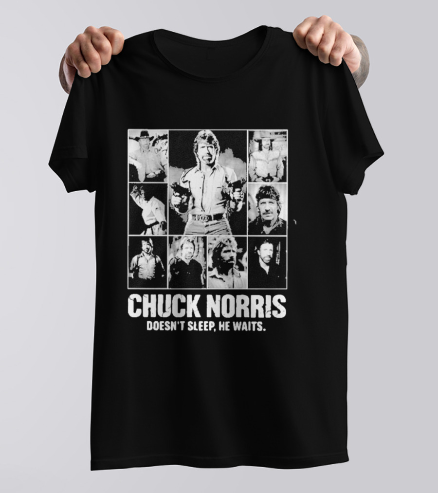 Chuck Norris Doesn't Sleep He Waits Iconic Photos Collage T-Shirt