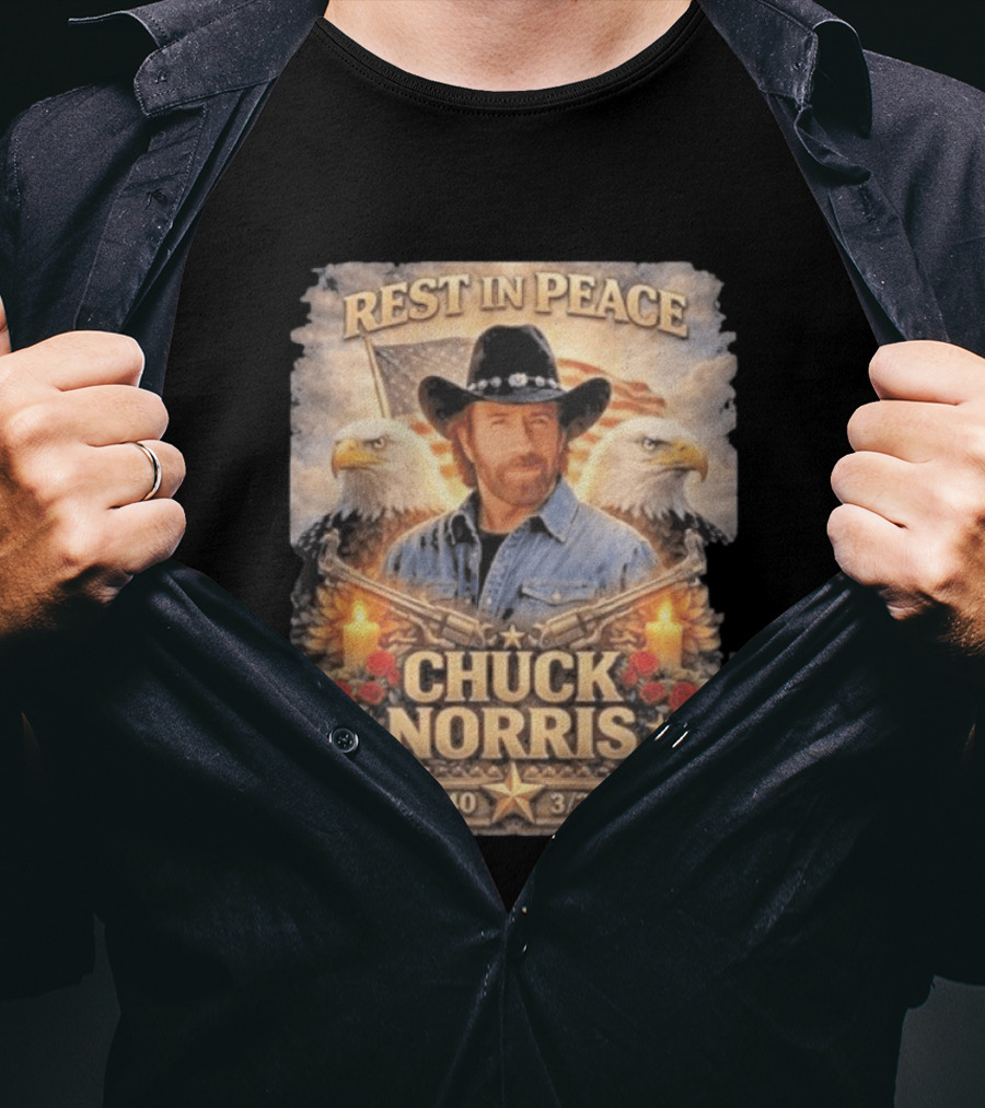 Rest In Peace Chuck Norris With Bald Eagles American Flag And Candles T-Shirt