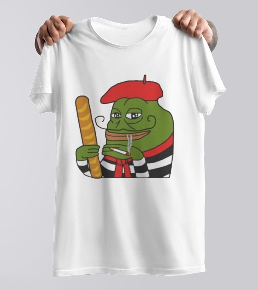 S French Pepe With Baguette And Cigarette Beret Comedy Meme T-Shirt