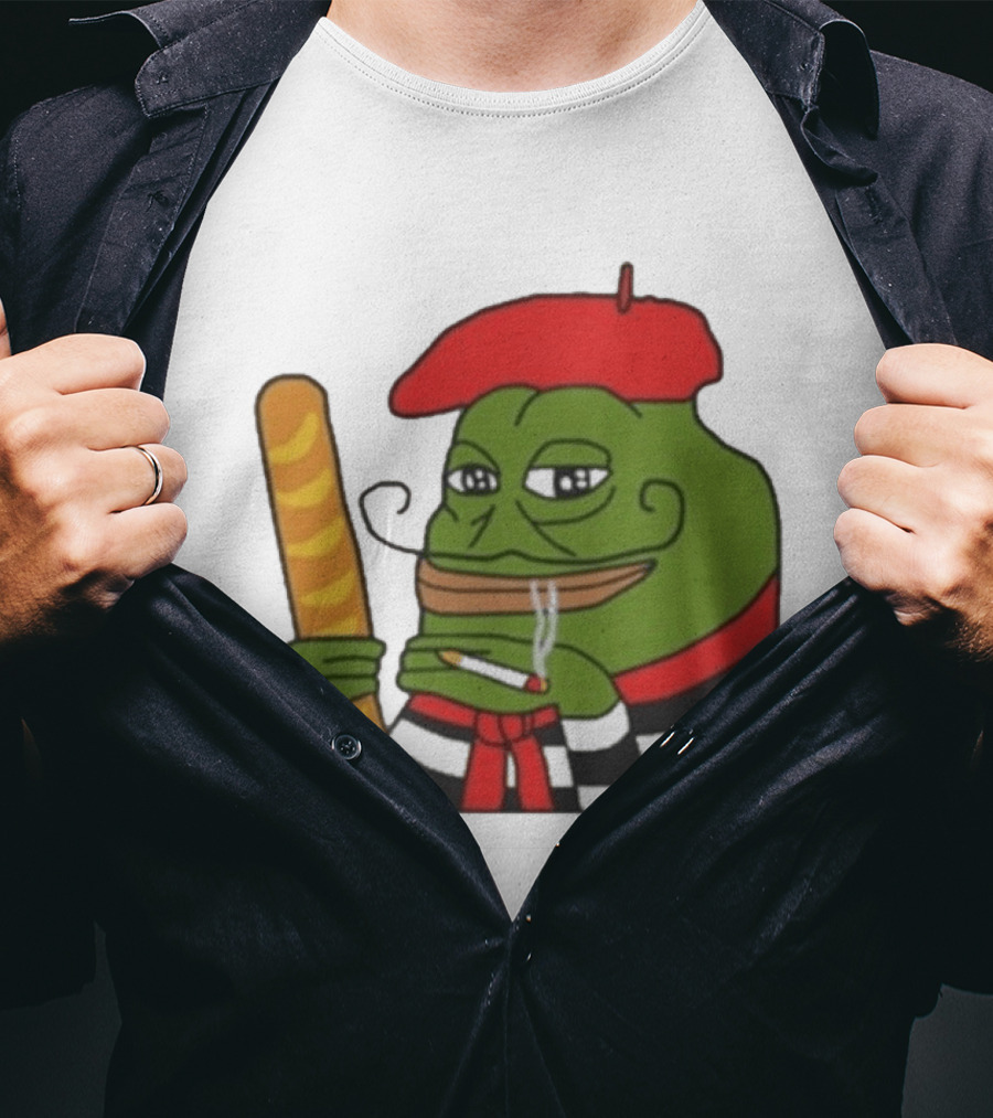 S French Pepe With Baguette And Cigarette Beret Comedy Meme T-Shirt