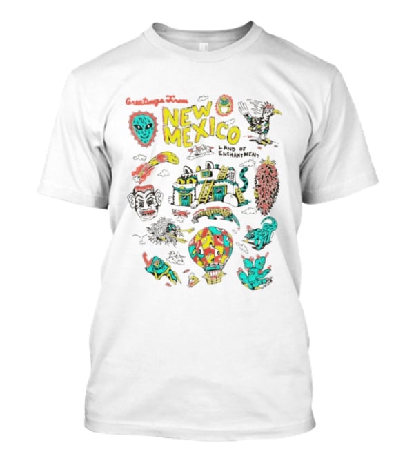 Greetings New Mexico Land Of Enchantment Colorful Southwest Symbols Hot Air Balloon Cactus And Traditional T-Shirt