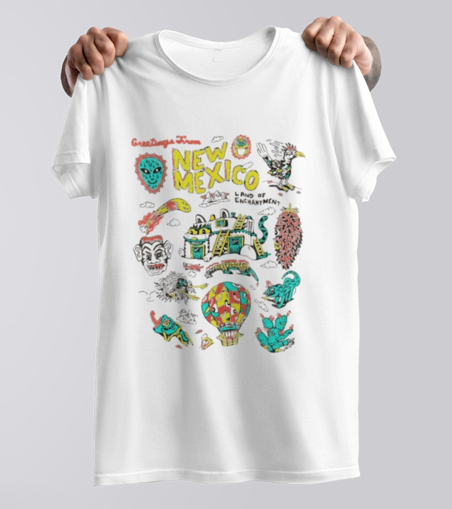 Greetings New Mexico Land Of Enchantment Colorful Southwest Symbols Hot Air Balloon Cactus And Traditional T-Shirt