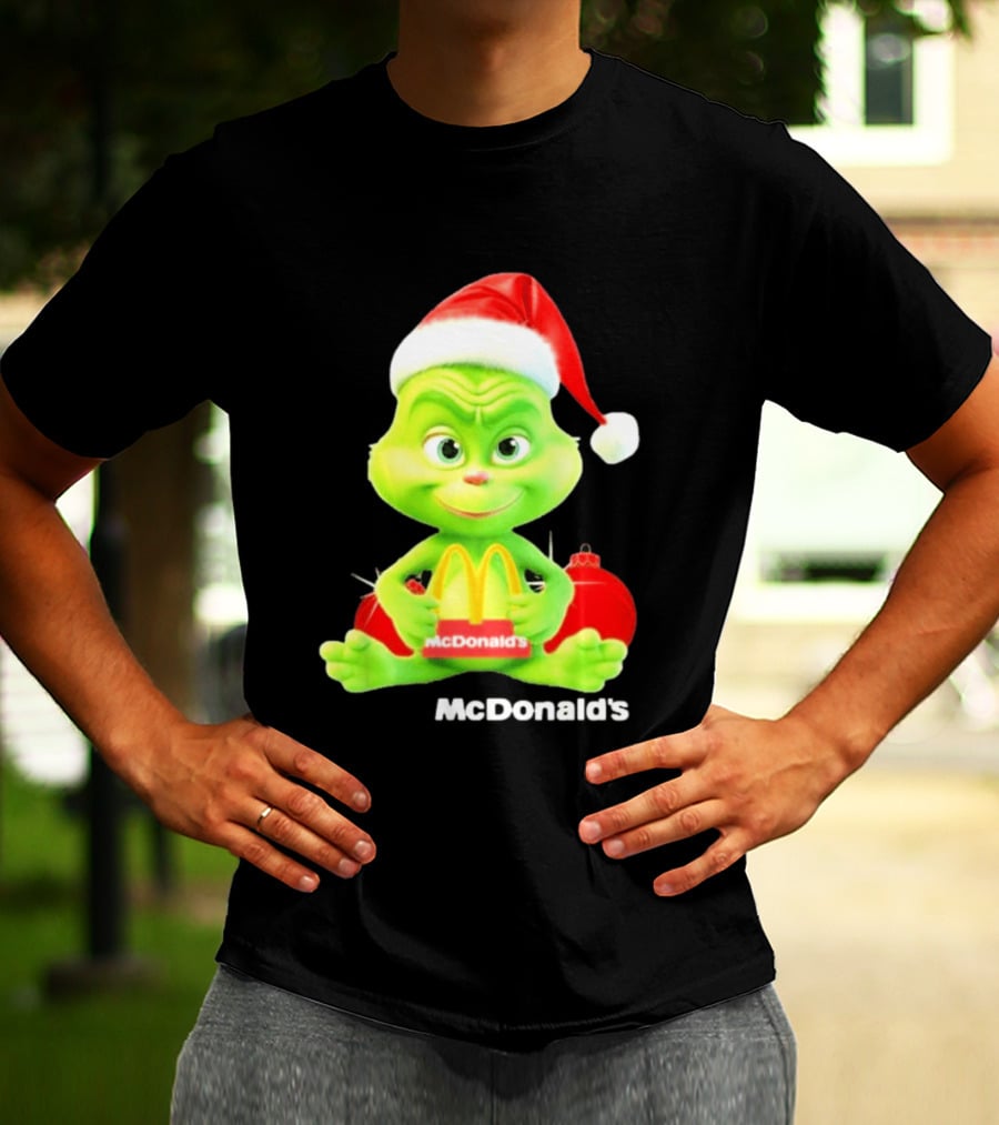 Santa Baby Grinch McDonald's Holding Happy Meal With Santa Hat And Gift Bags T-Shirt