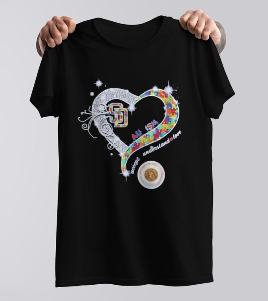 San Diego Baseball Heart Autism Accept Understand Love Puzzle T-Shirt
