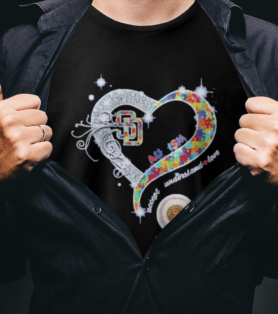 San Diego Baseball Heart Autism Accept Understand Love Puzzle T-Shirt