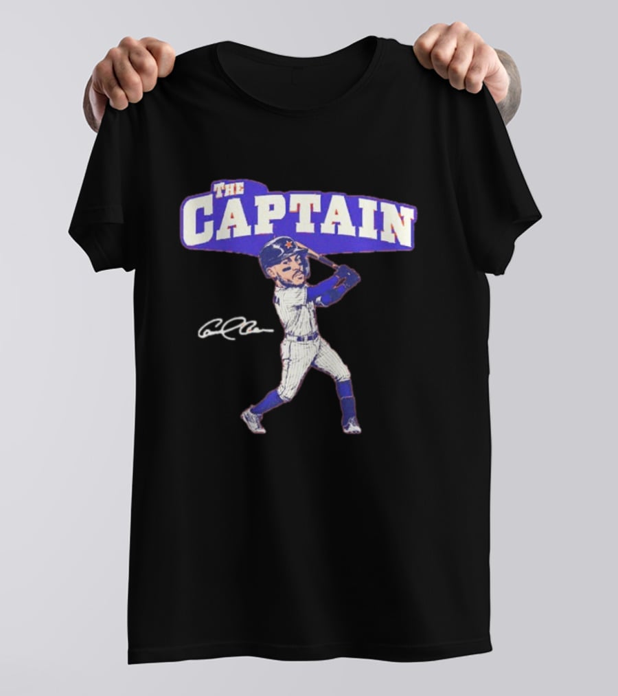 The Captain Carlos Correa Caricature Baseball Player Swinging Bat With Signature T-Shirt