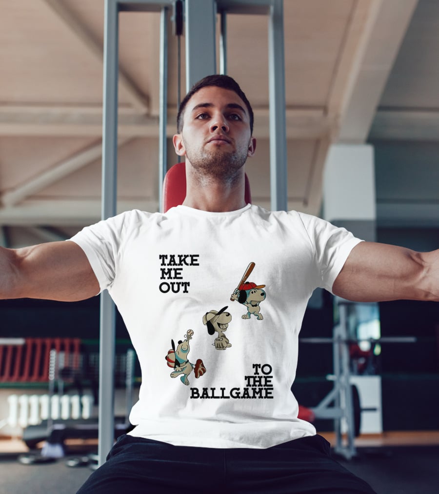 Snoopy Take Me Out To The Ballgame Baseball Red Cap Batting And Catching T-Shirt