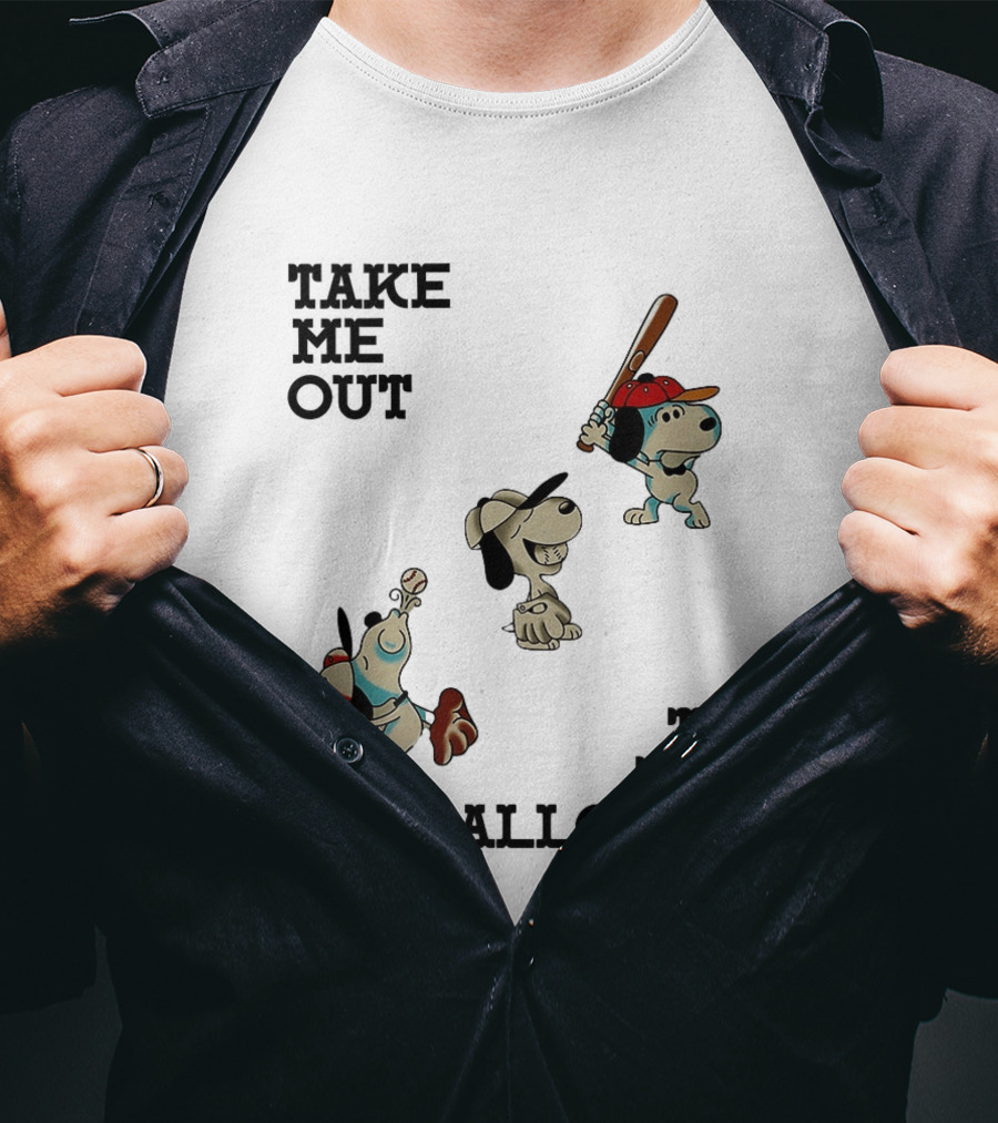 Snoopy Take Me Out To The Ballgame Baseball Red Cap Batting And Catching T-Shirt
