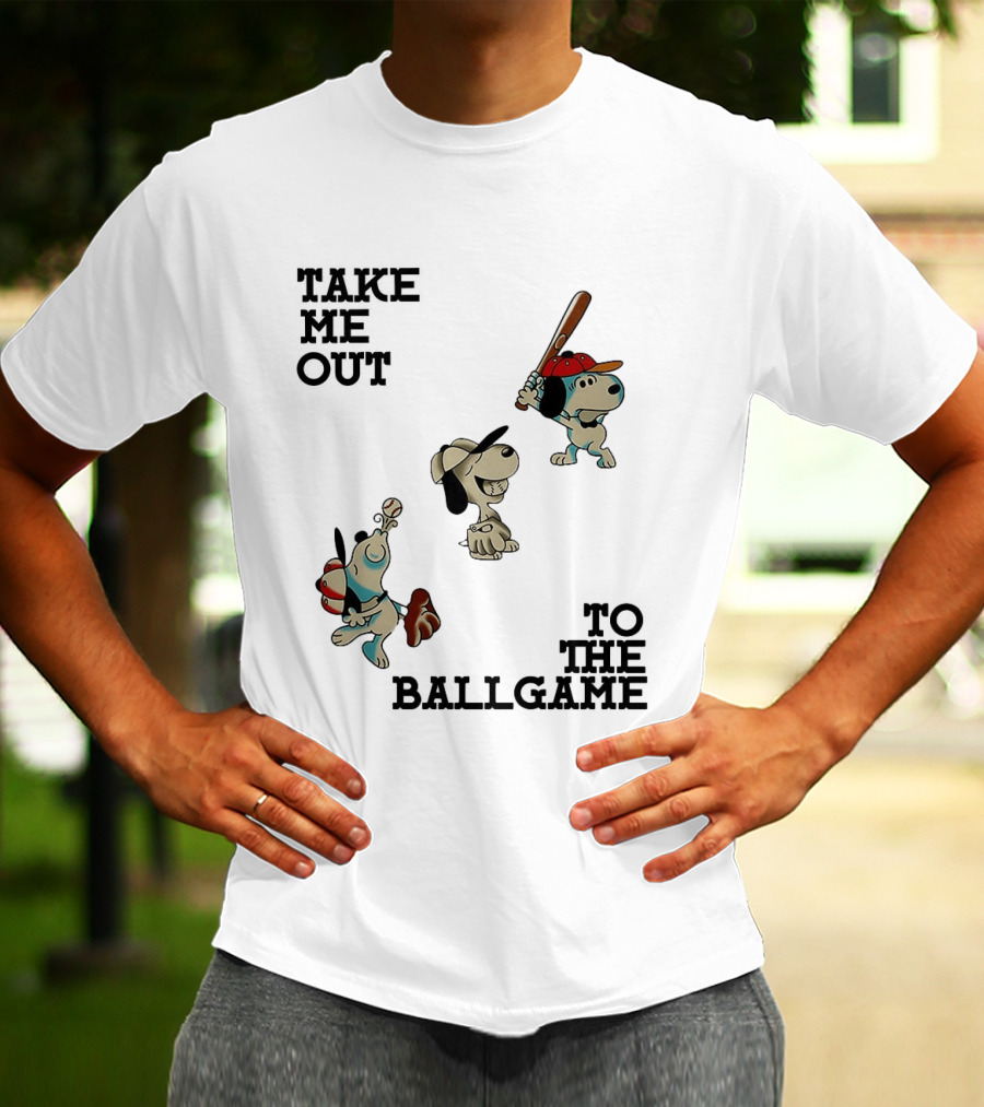 Snoopy Take Me Out To The Ballgame Baseball Red Cap Batting And Catching T-Shirt