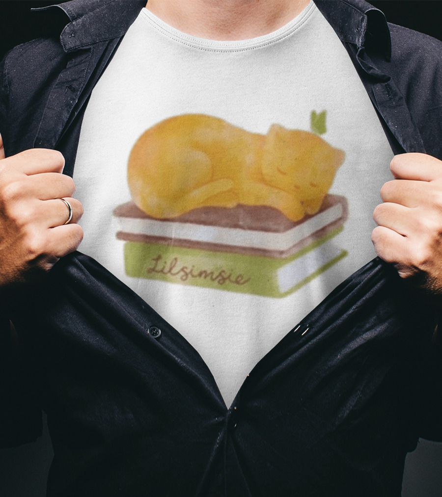 Lilsimsie Sleeping Cat On Books T-Shirt