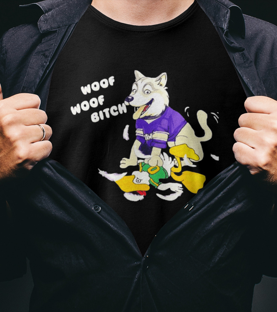 Washington Huskies Woof Woof Bitch Cartoon Mascot Scene T-Shirt