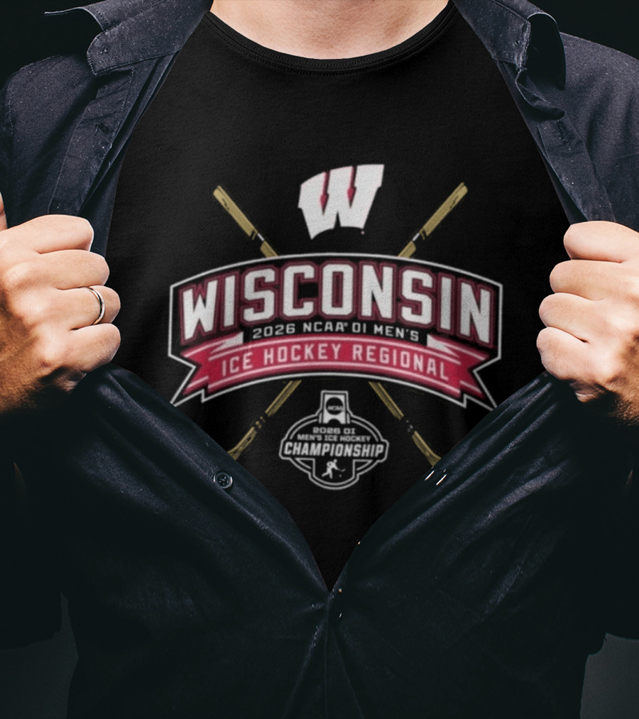 Wisconsin 2026 NCAA DI Men's Ice Hockey Regional Badgers Event With Hockey Sticks And Puck T-Shirt