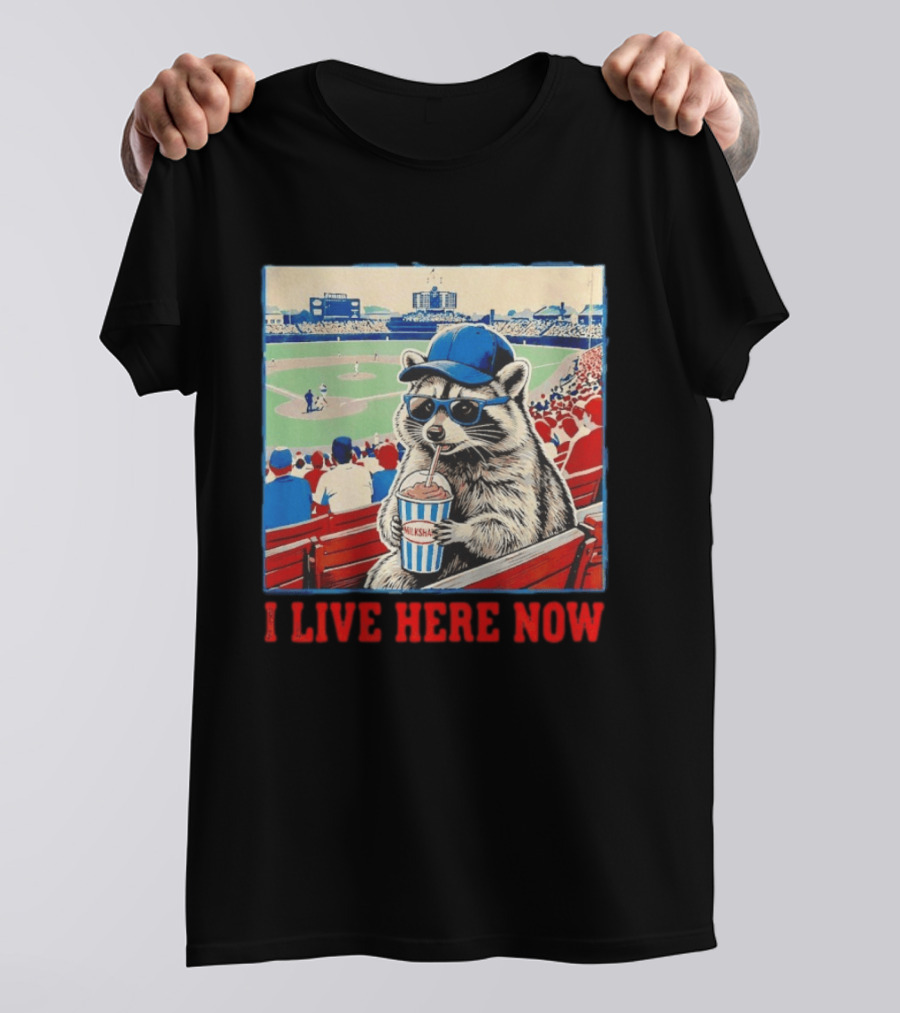 Raccoon Milkshake Baseball Field I Live Here Now T-Shirt