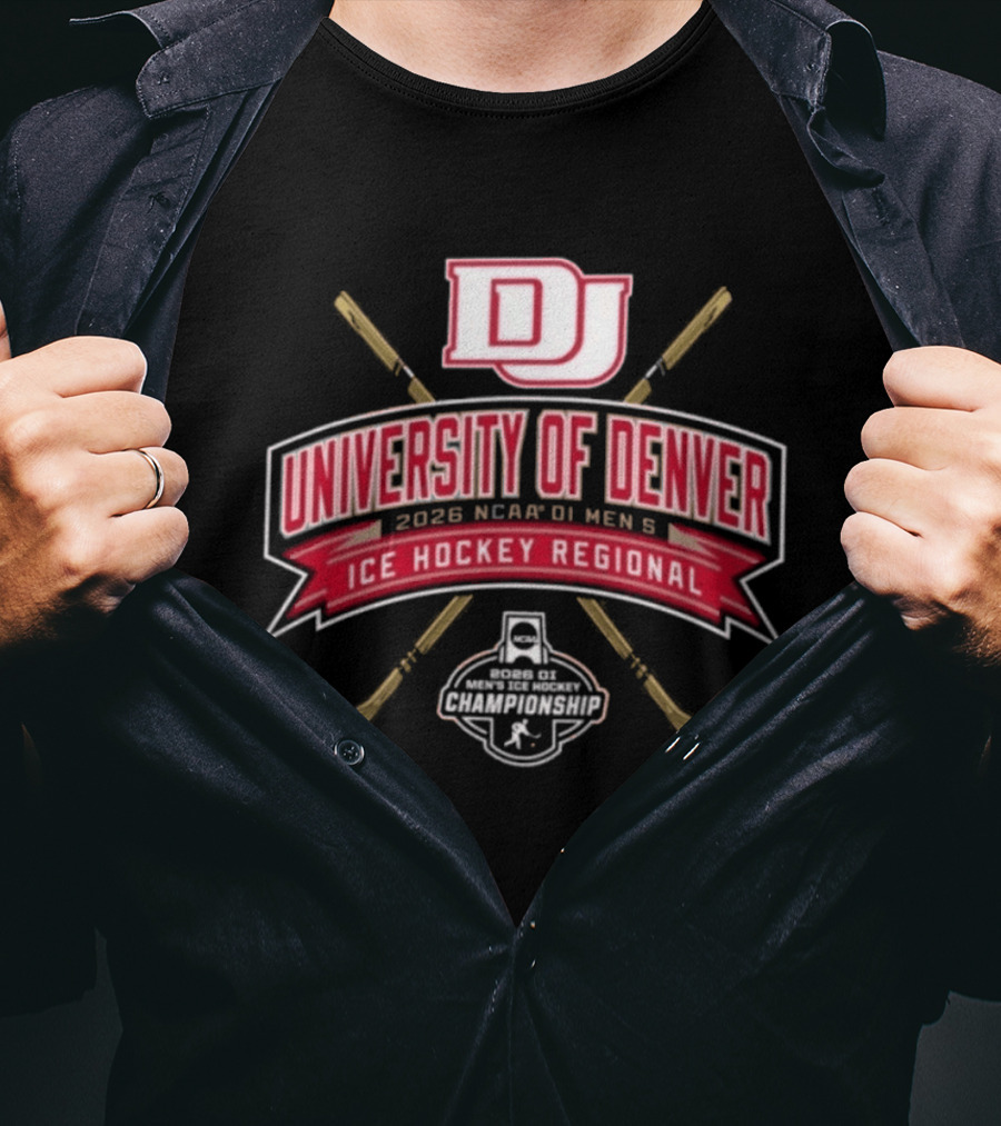University Of Denver 2026 NCAA DI Men's Ice Hockey Regional Championships Pioneers DJ Logo Hockey Sticks T-Shirt