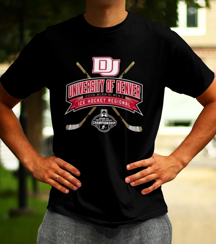 University Of Denver 2026 NCAA DI Men's Ice Hockey Regional Championships Pioneers DJ Logo Hockey Sticks T-Shirt