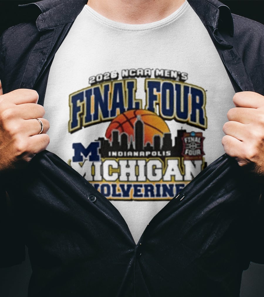 NCAA Men's Final Four 2026 Michigan Wolverines Indianapolis Skyline Basketball T-Shirt