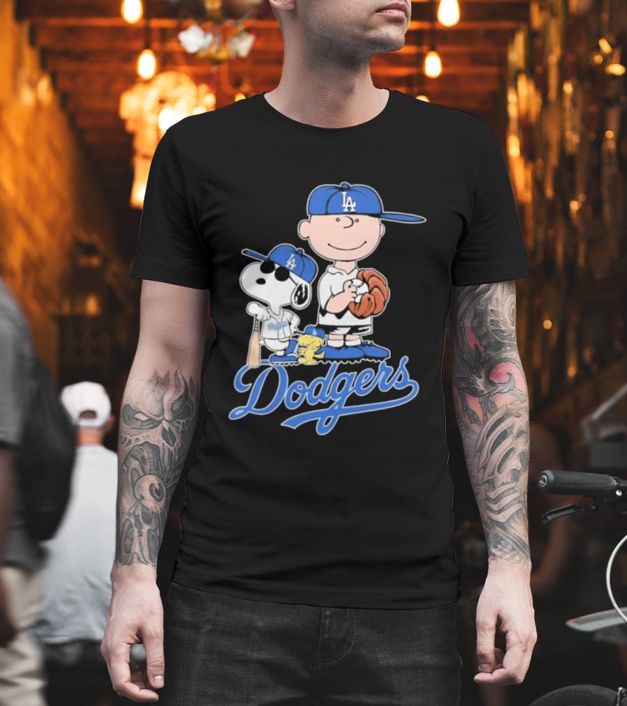 Los Angeles Dodgers Peanuts Snoopy Charlie Brown Woodstock Baseball Collaboration T-Shirt