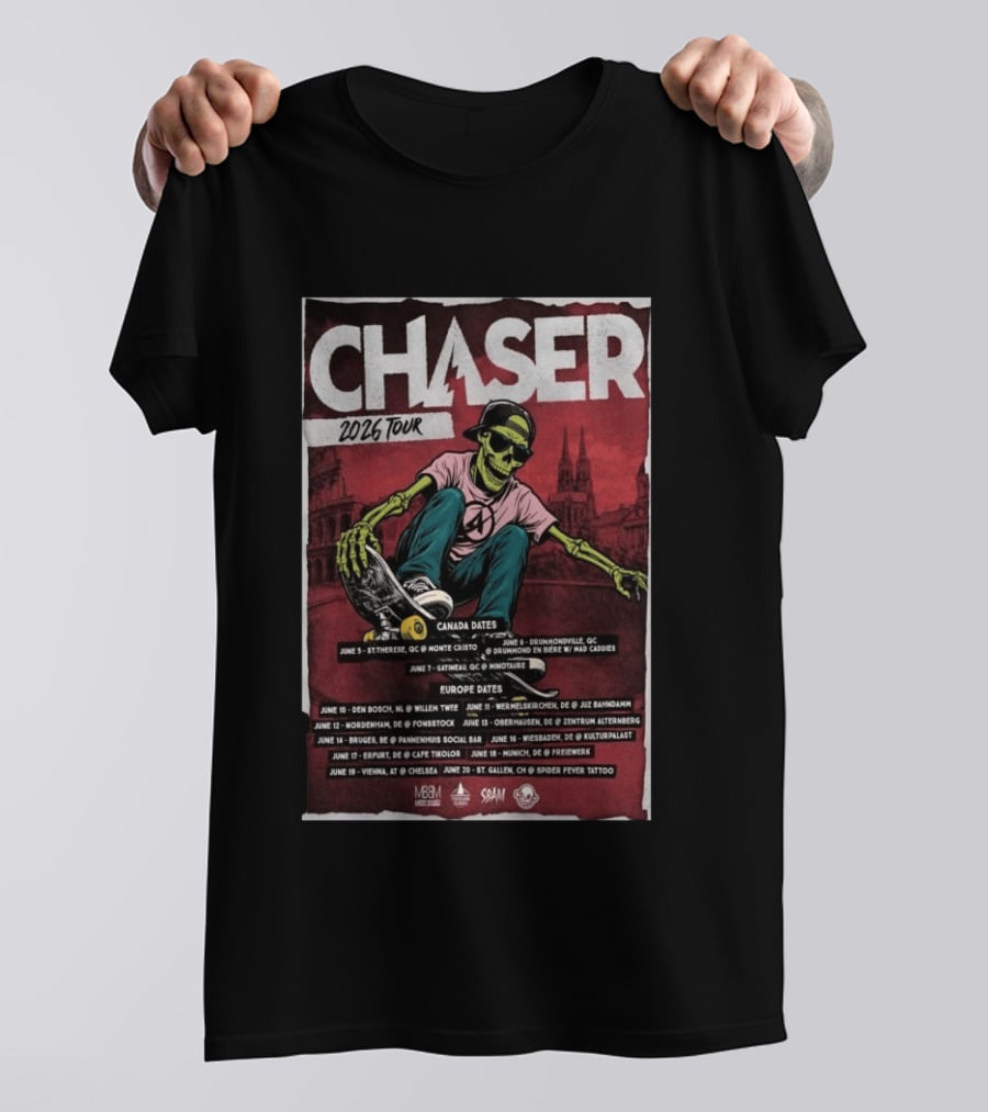 Chaser 2026 Tour Canada Europe Dates Skeleton Skateboarding T-Shirt