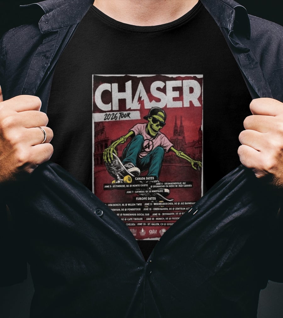Chaser 2026 Tour Canada Europe Dates Skeleton Skateboarding T-Shirt