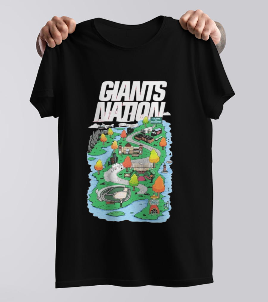 Bobby Skinner Giants Nation Cartoon Landscape Get Well Soon Welcome To Giants Nation Balloon Trees River T-Shirt