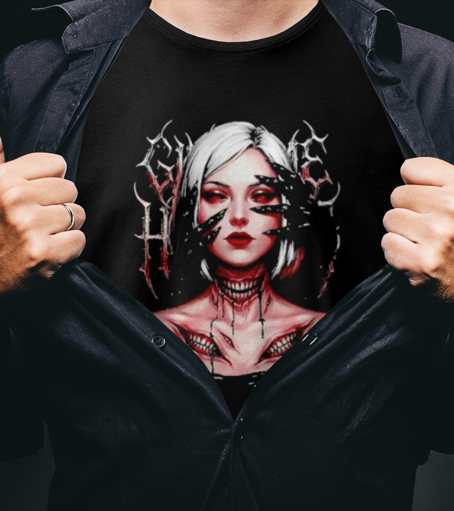 Dark Embrace Washed Creepy Pale Woman Fantasy Eyes T-Shirt