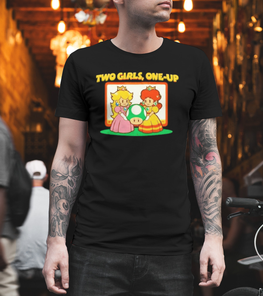 Two Girls One Up Mario Princess Peach Daisy 1 Up Mushroom T-Shirt
