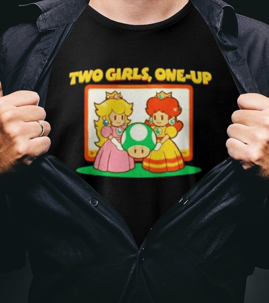 Two Girls One Up Mario Princess Peach Daisy 1 Up Mushroom T-Shirt