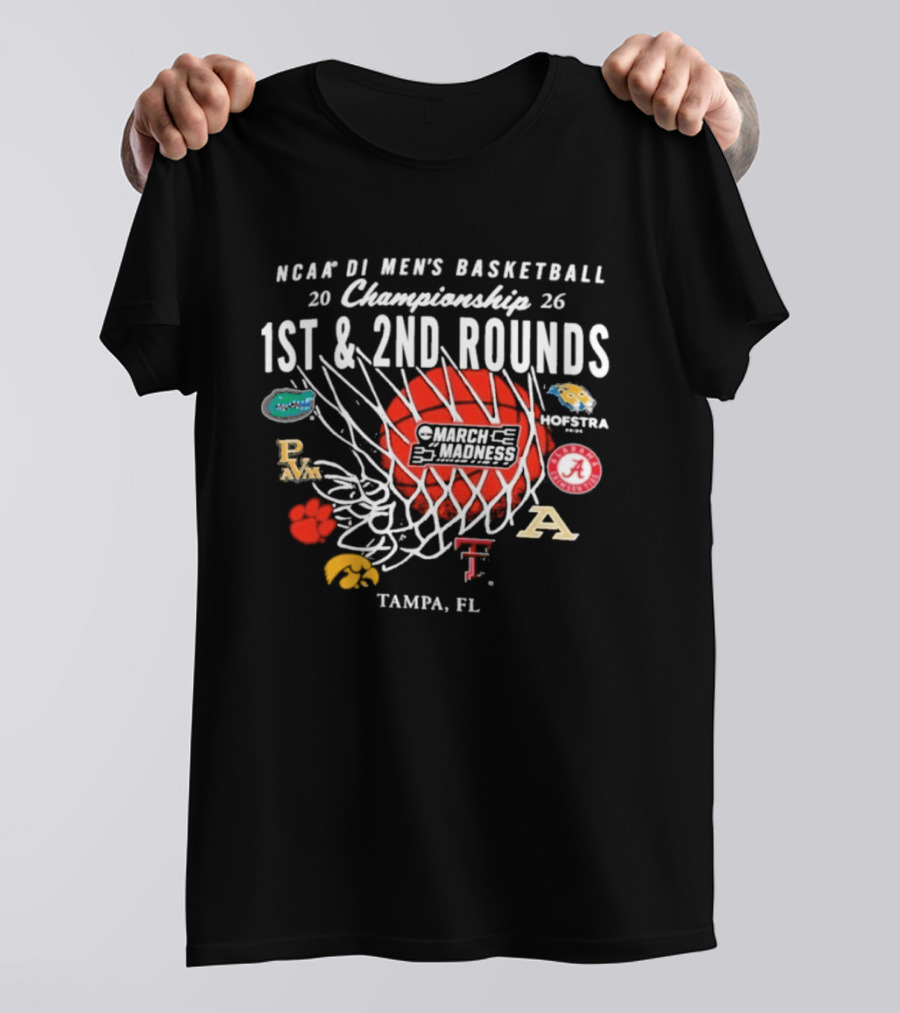 NCAA DI Men's Basketball 2026 Championship 1st 2nd Rounds Tampa FL March Madness Teams Logos T-Shirt