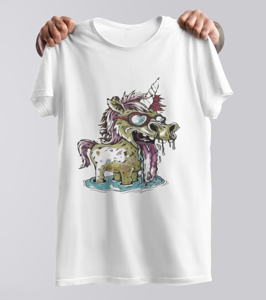 Hills Draws Unicorn With Sunglasses And Tongue Out In White T-Shirt