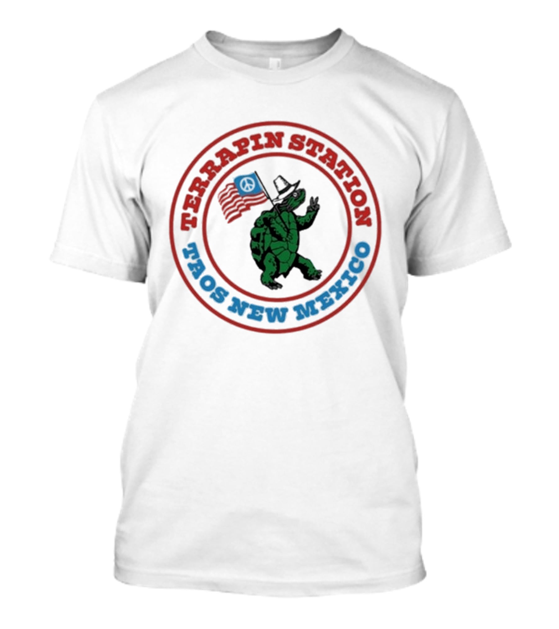 Terrapin Station Taos New Mexico Turtle With Hat And Flag T-Shirt