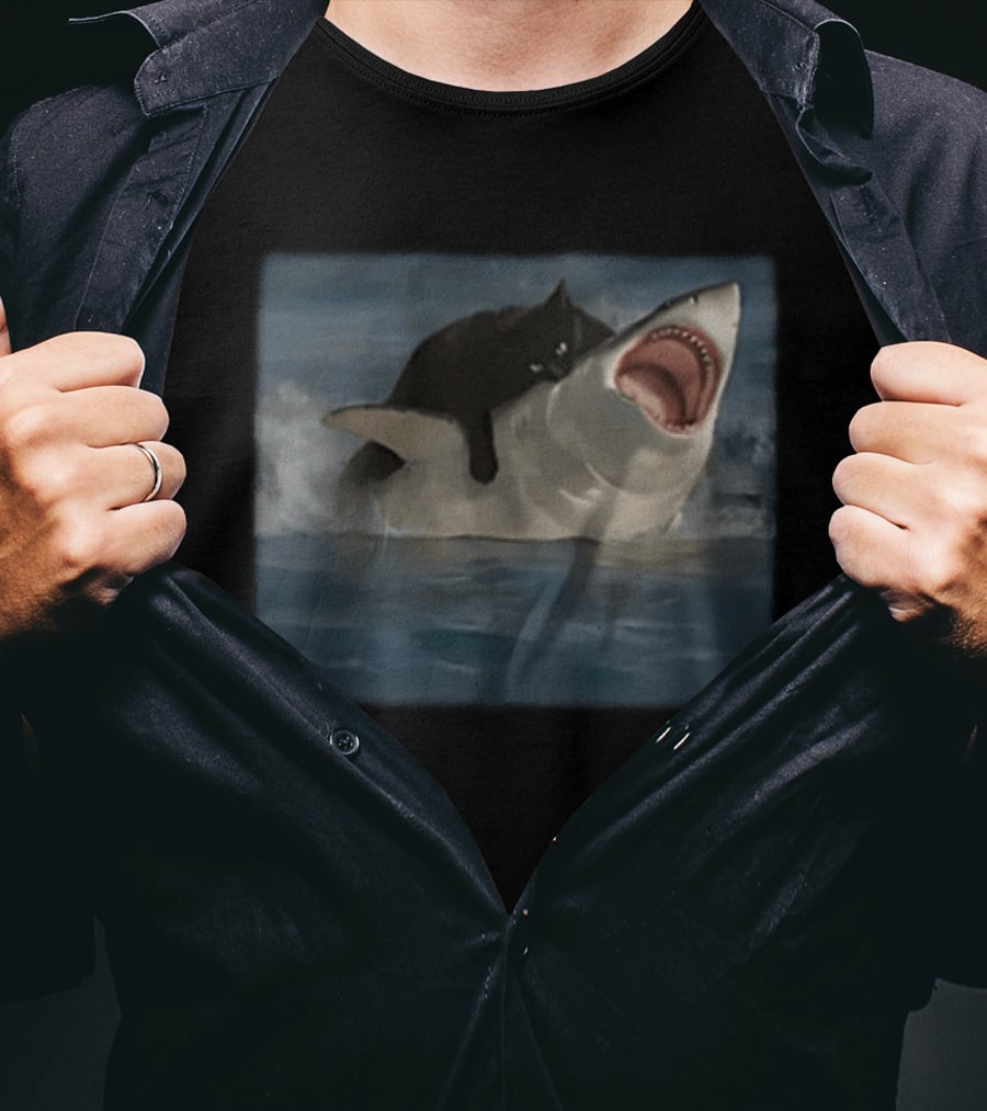 Black Cat Riding On Great White Shark Ocean Adventure T-Shirt