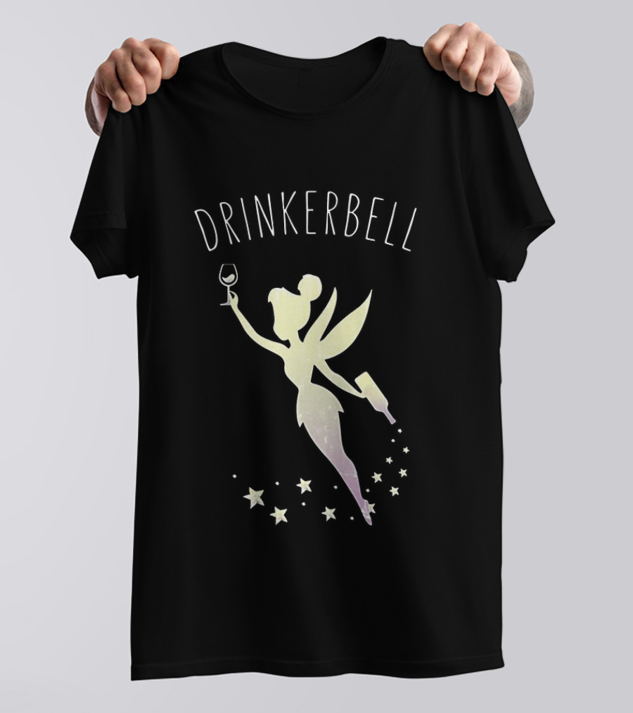 Drinkerbell Fairy Silhouette With Wine Glass And Bottle Stars T-Shirt