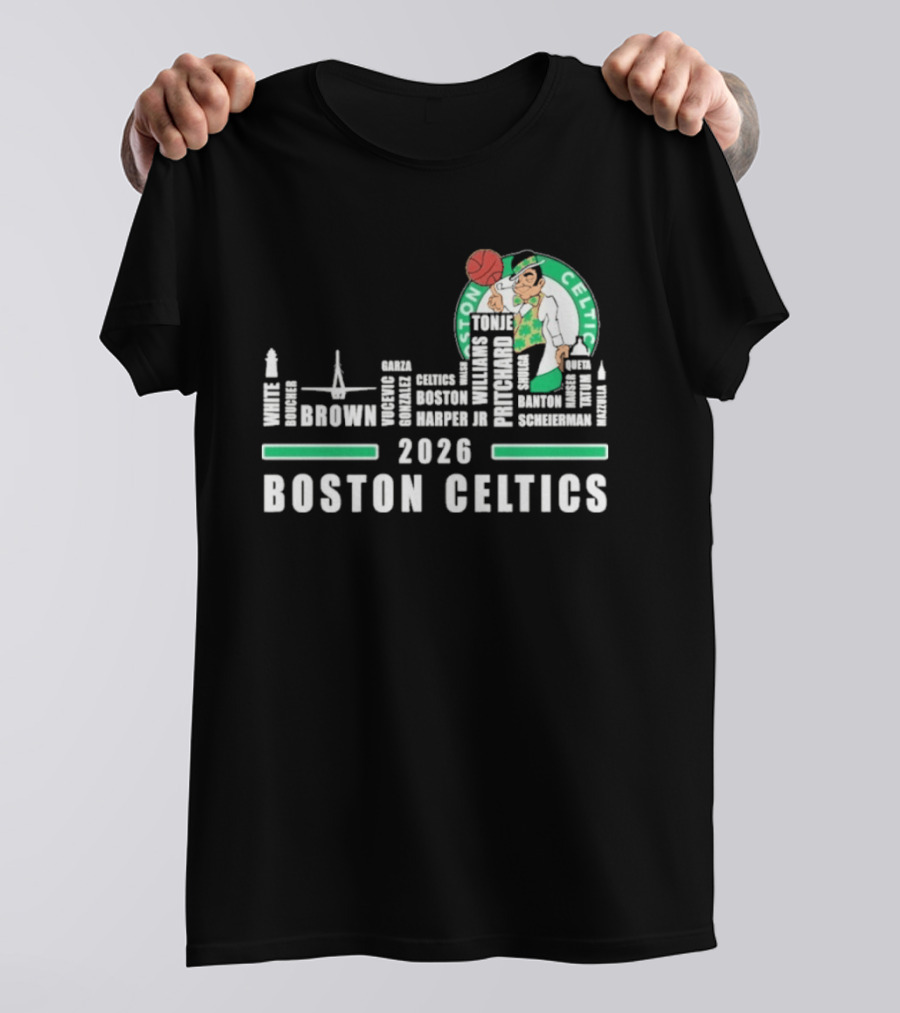 2026 Boston Celtics Brown Tatum Brogdon Porzingis White Smart Hoops Skyline T-Shirt
