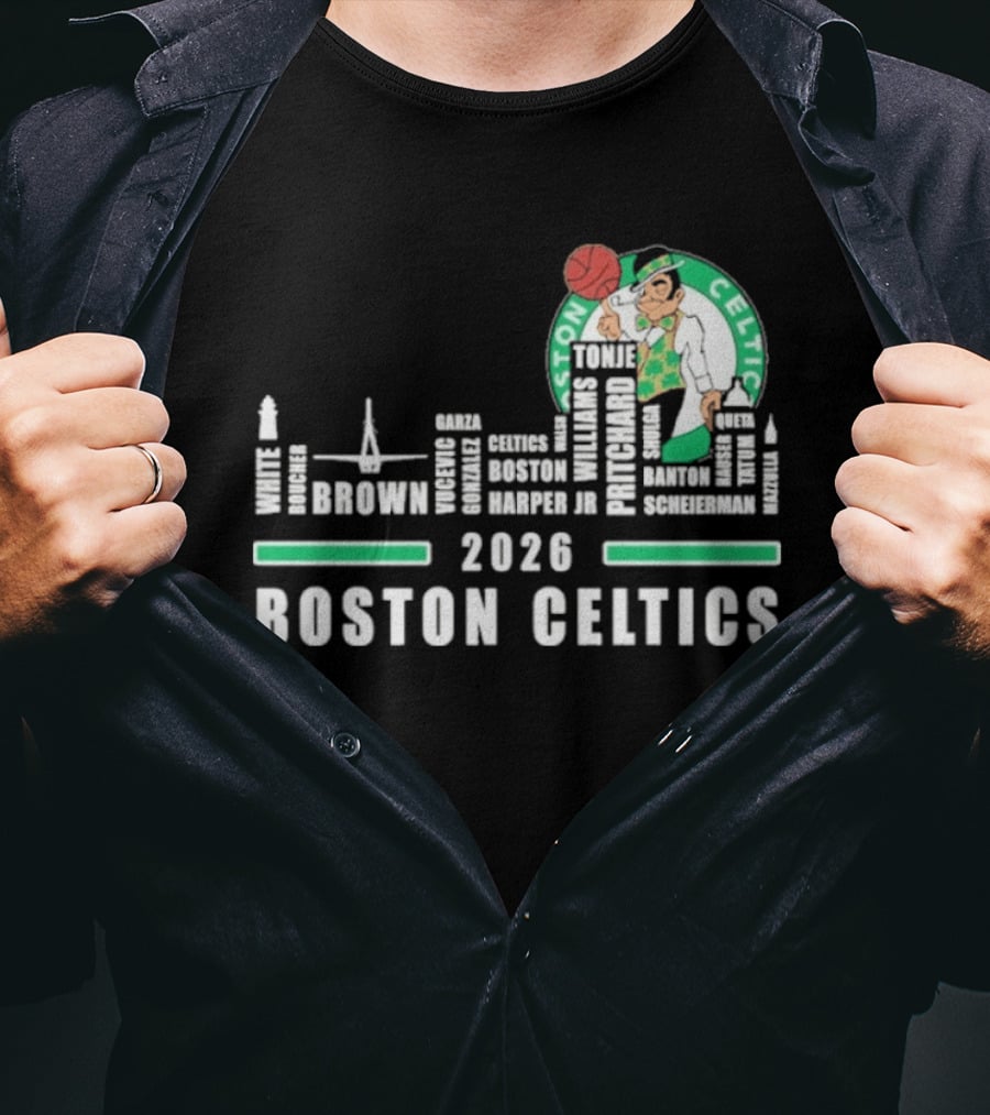 2026 Boston Celtics Brown Tatum Brogdon Porzingis White Smart Hoops Skyline T-Shirt