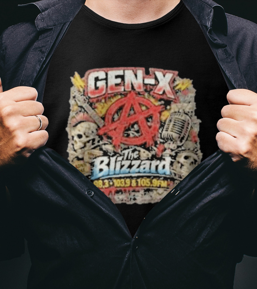 Gen X The Blizzard 98.3 103.9 105.9 FM Anarchy Skulls Microphone T-Shirt