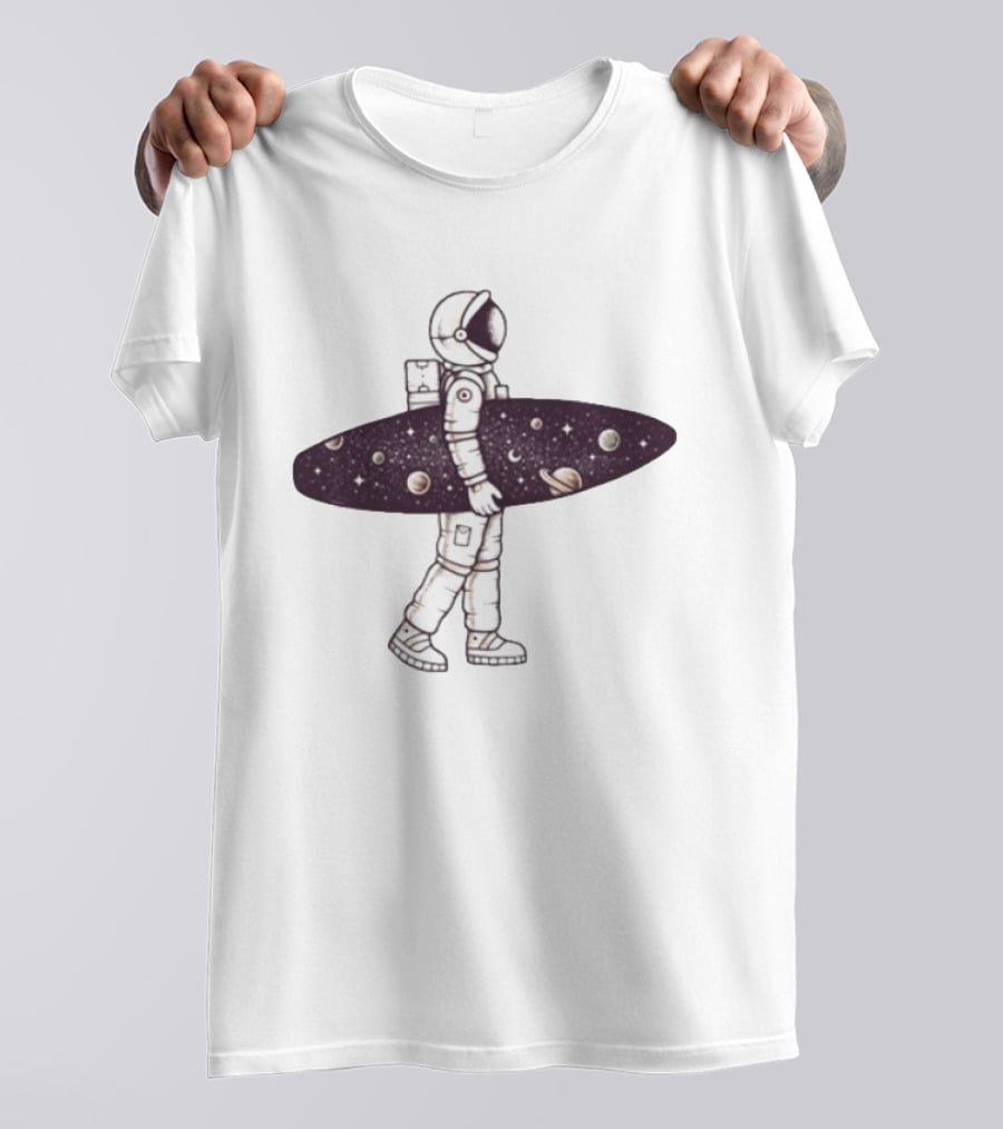 Astronaut Surfer Exploring Cosmic Adventure With Planets And Stars T-Shirt