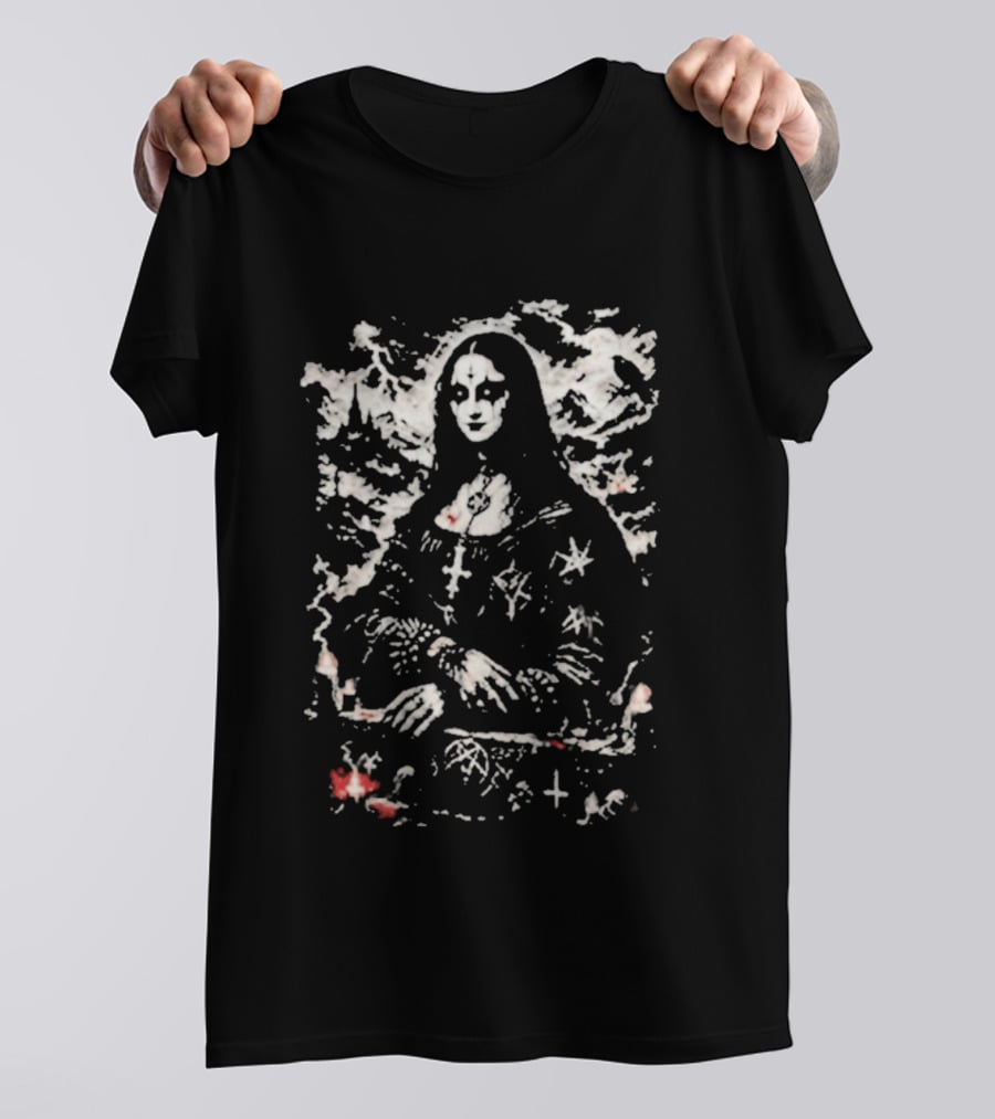 Gothic Metal Mona Lisa Cross And Stars T-Shirt